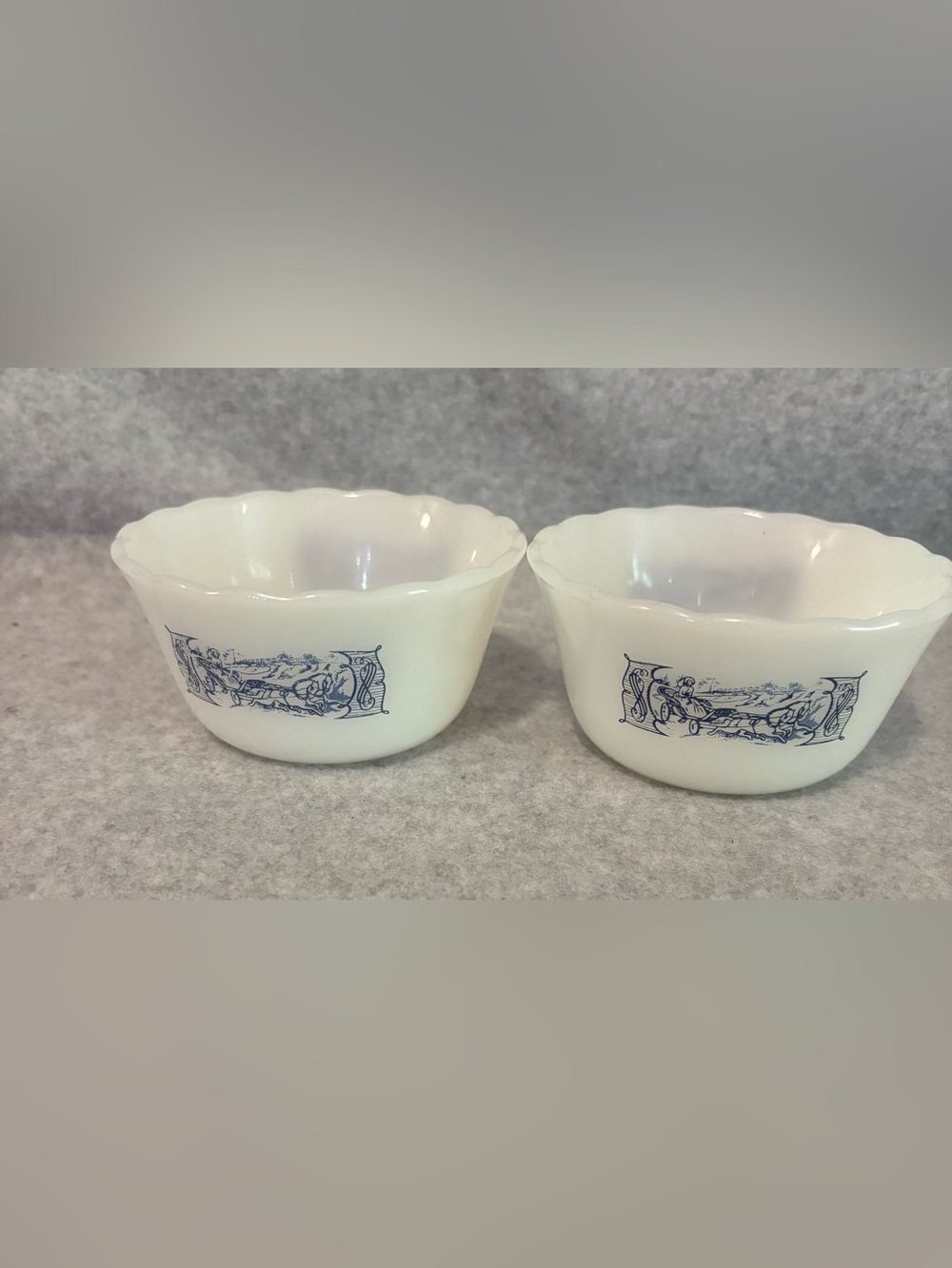 Pair of Fire King Currier & Ives Horse and Buggy Custard Cups 6oz Milk Glass